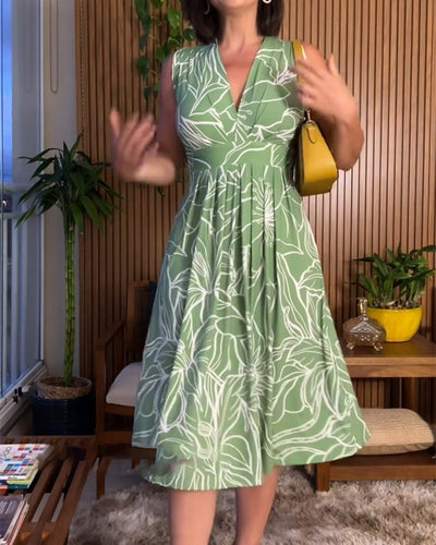 Damen Sommerkleid mit V-Ausschnitt | Tailliertes A-Linien Kleid | Ärmellos & figurbetont | Knielang