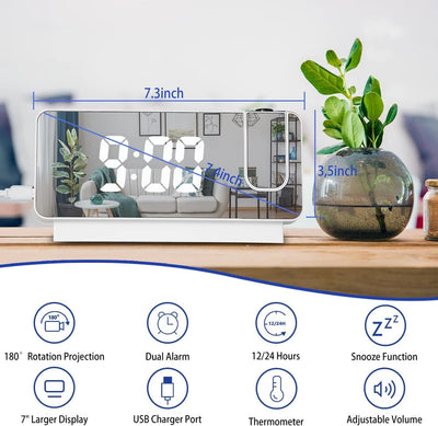 Projektionswecker | LED-Spiegeldisplay | 180° drehbare Projektion | Doppelalarm & Raumklimadisplay