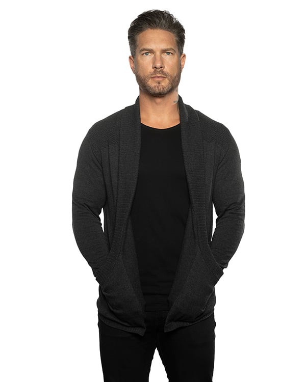 Herren Cardigan Strickjacke | Slim Fit | Leichtes Strickmaterial mit Stretch | Schalkragen & Taschen | Oat/Graphite/Blue