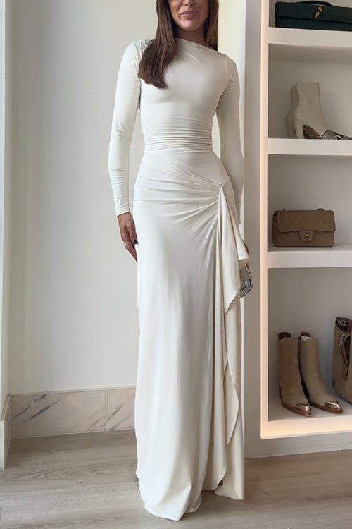 Blanc™ - Maxikleid mit langen Ärmeln, Drapierung und Schlitz für Partys