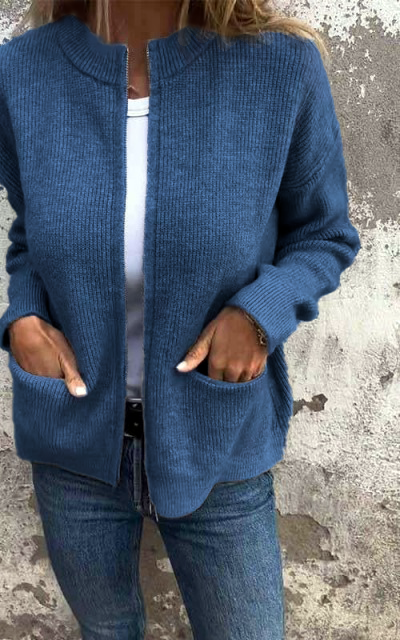 Damen Strickjacke mit Reißverschluss | Rundhals | Baumwolle | Größen S–5XL