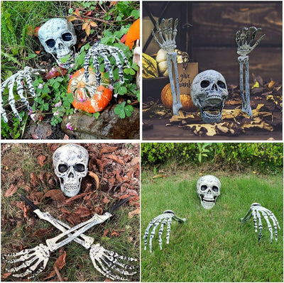 Halloween Deko mit LED-Licht | Schädel & Hände | Wetterfest | 8 Leuchtmodi | Batteriebetrieben