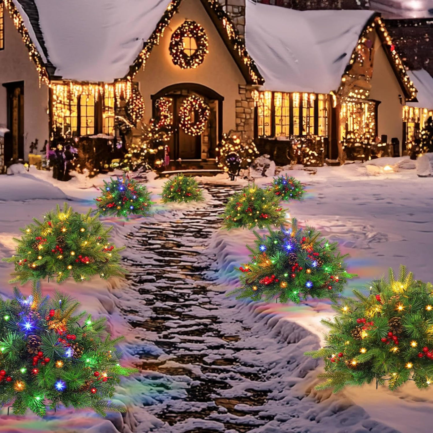 Weihnachtliche Urnen-Deko mit LED-Lichtern | Realistische Tannenzweige & Beeren | Innen- und Außenbereich