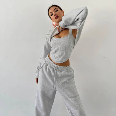 Damen 3-teiliges Lounge Set | Kapuzen-Kurzarmpullover, Tanktop & Jogginghose | Grau oder Schwarz