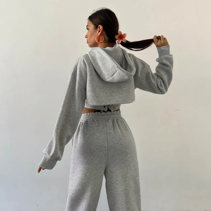 Damen 3-teiliges Lounge Set | Kapuzen-Kurzarmpullover, Tanktop & Jogginghose | Grau oder Schwarz