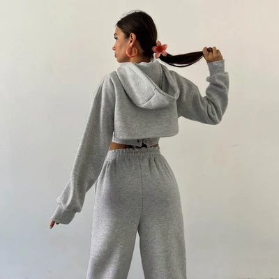 Damen 3-teiliges Lounge Set | Kapuzen-Kurzarmpullover, Tanktop & Jogginghose | Grau oder Schwarz