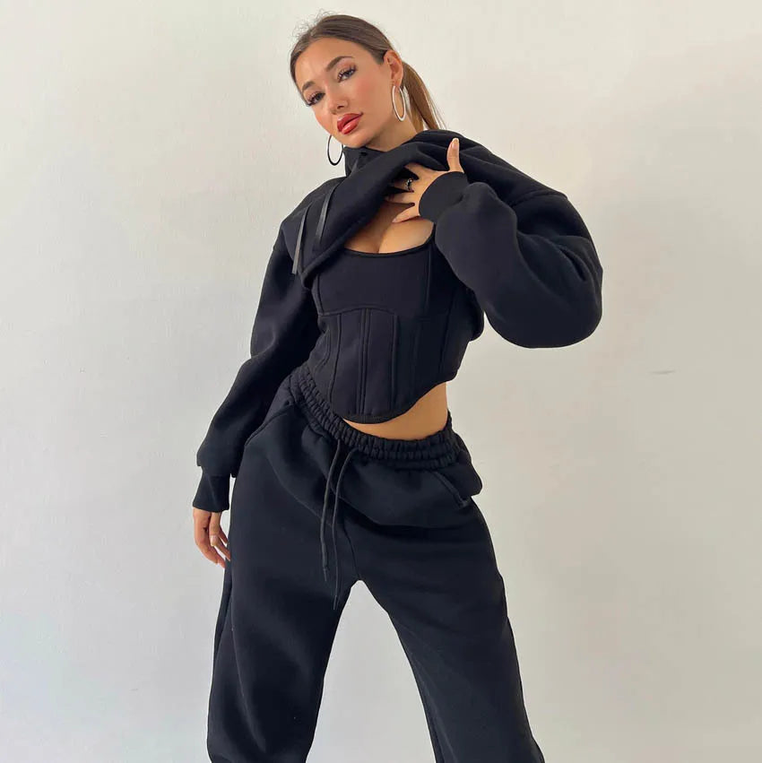 Damen 3-teiliges Lounge Set | Kapuzen-Kurzarmpullover, Tanktop & Jogginghose | Grau oder Schwarz