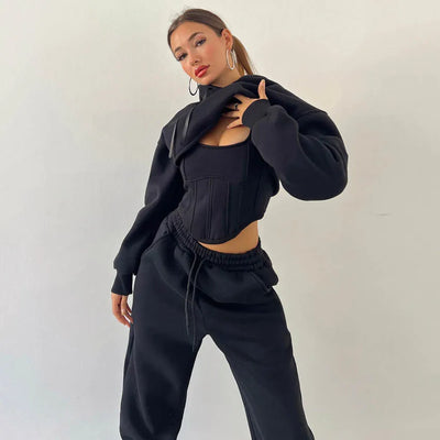 Damen 3-teiliges Lounge Set | Kapuzen-Kurzarmpullover, Tanktop & Jogginghose | Grau oder Schwarz