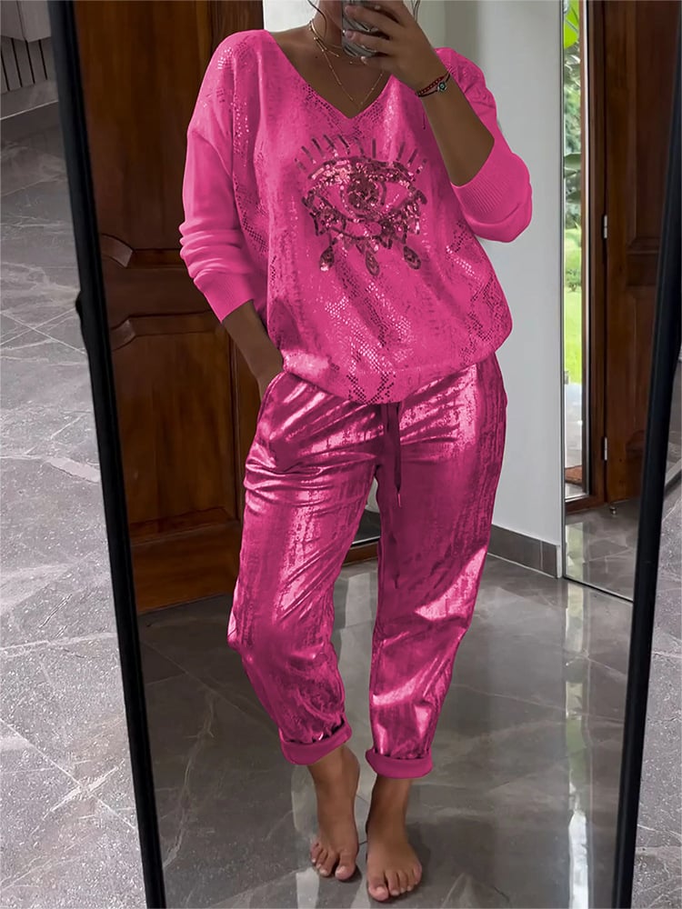 Damen Zweiteiler | Glitzernde Hose & Goldfolien-Oberteil | V-Ausschnitt & Langarm | Trend Frühling/Sommer