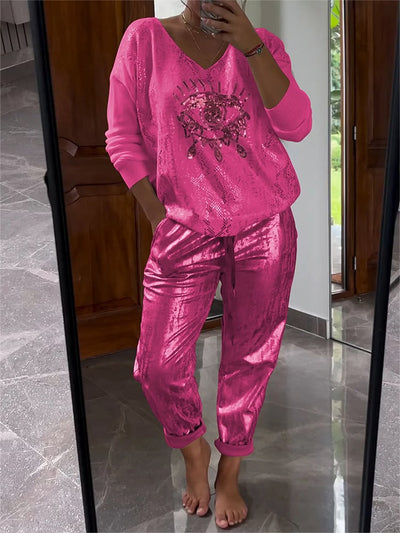 Damen Zweiteiler | Glitzernde Hose & Goldfolien-Oberteil | V-Ausschnitt & Langarm | Trend Frühling/Sommer