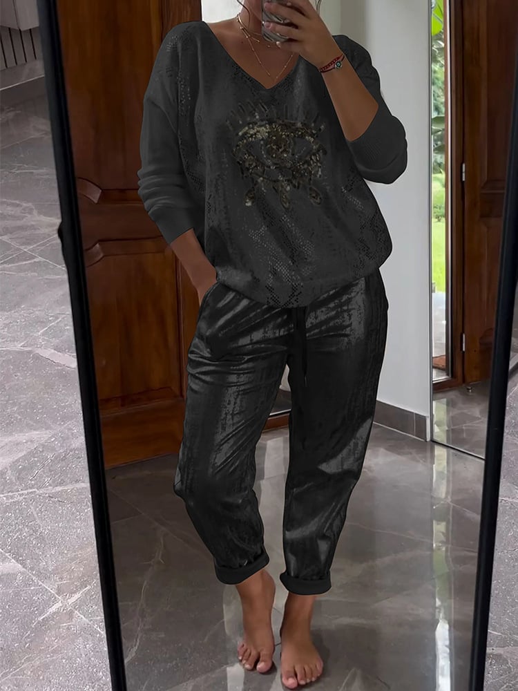 Damen Zweiteiler | Glitzernde Hose & Goldfolien-Oberteil | V-Ausschnitt & Langarm | Trend Frühling/Sommer