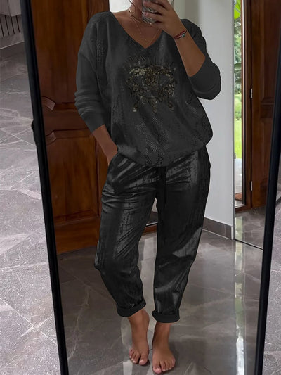 Damen Zweiteiler | Glitzernde Hose & Goldfolien-Oberteil | V-Ausschnitt & Langarm | Trend Frühling/Sommer