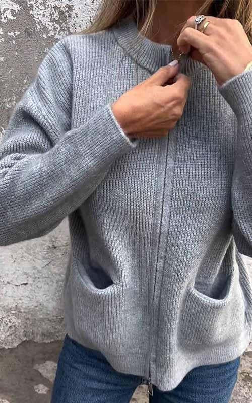 Damen Strickjacke mit Reißverschluss | Rundhals | Baumwolle | Größen S–5XL