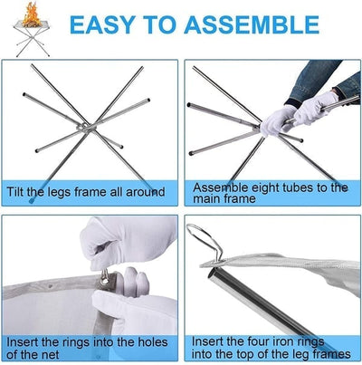 Faltbare Feuerstelle aus Edelstahl | Leicht & Tragbar | Camping Feuerkorb mit Netz & Tragetasche | Für Outdoor & Garten