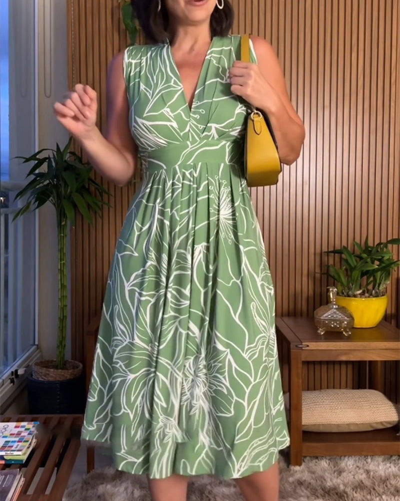 Damen Sommerkleid mit V-Ausschnitt | Tailliertes A-Linien Kleid | Ärmellos & figurbetont | Knielang