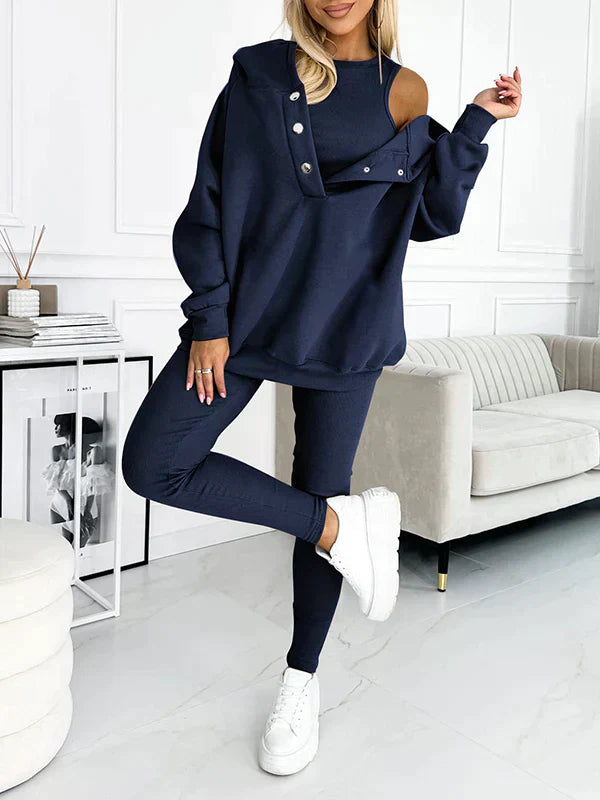 Damen Freizeitanzug Drei-teilig | Kapuzenjacke, Sweatshirt-Hose & Top | Weiches Material
