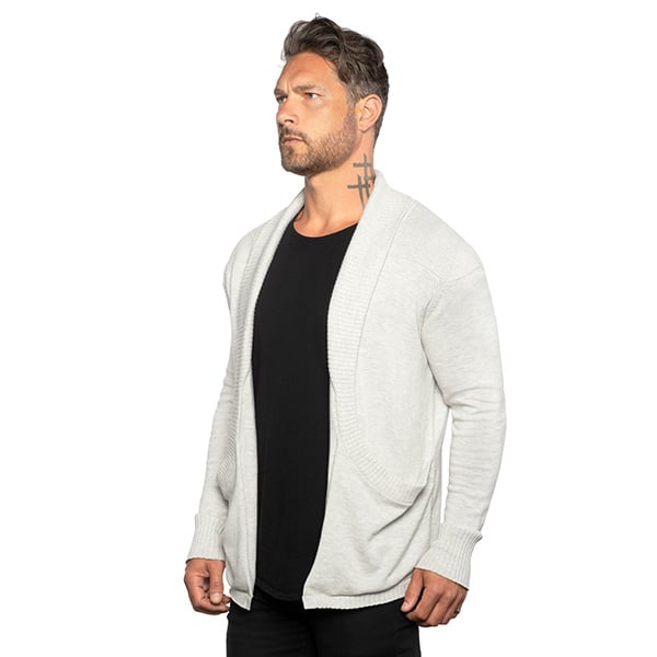 Herren Cardigan Strickjacke | Slim Fit | Leichtes Strickmaterial mit Stretch | Schalkragen & Taschen | Oat/Graphite/Blue