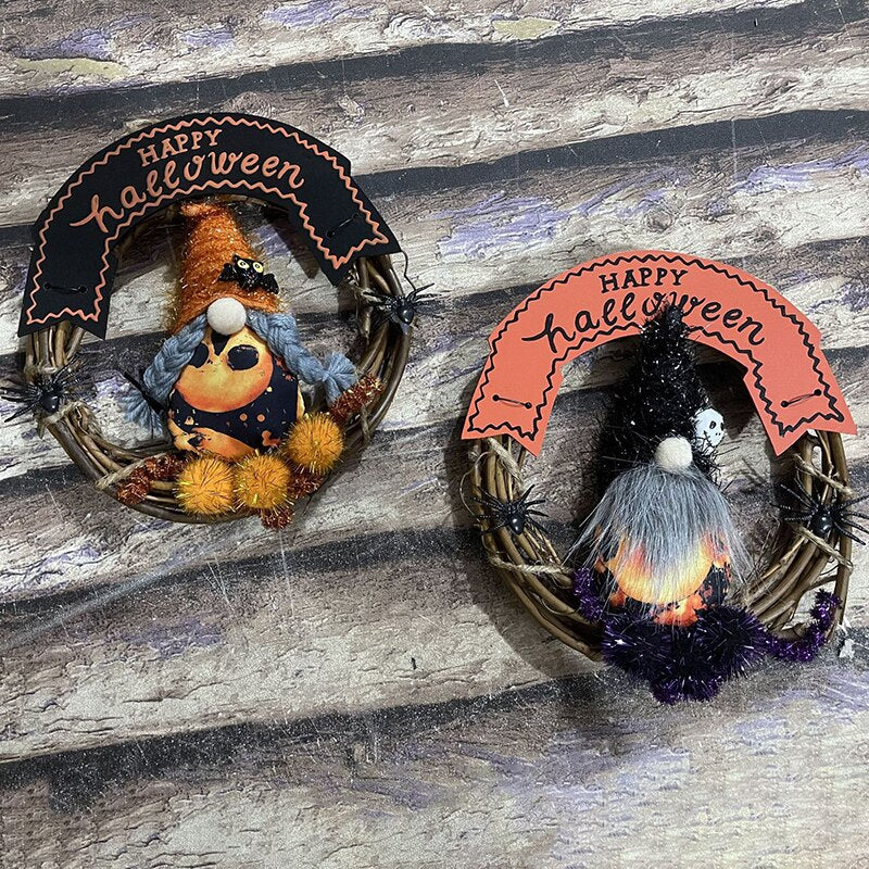 Halloween Türkranz mit Stoffpuppe | Handgefertigter Rattan-Kranz | Herbst & Thanksgiving Deko | Für Tür, Fenster & Garten