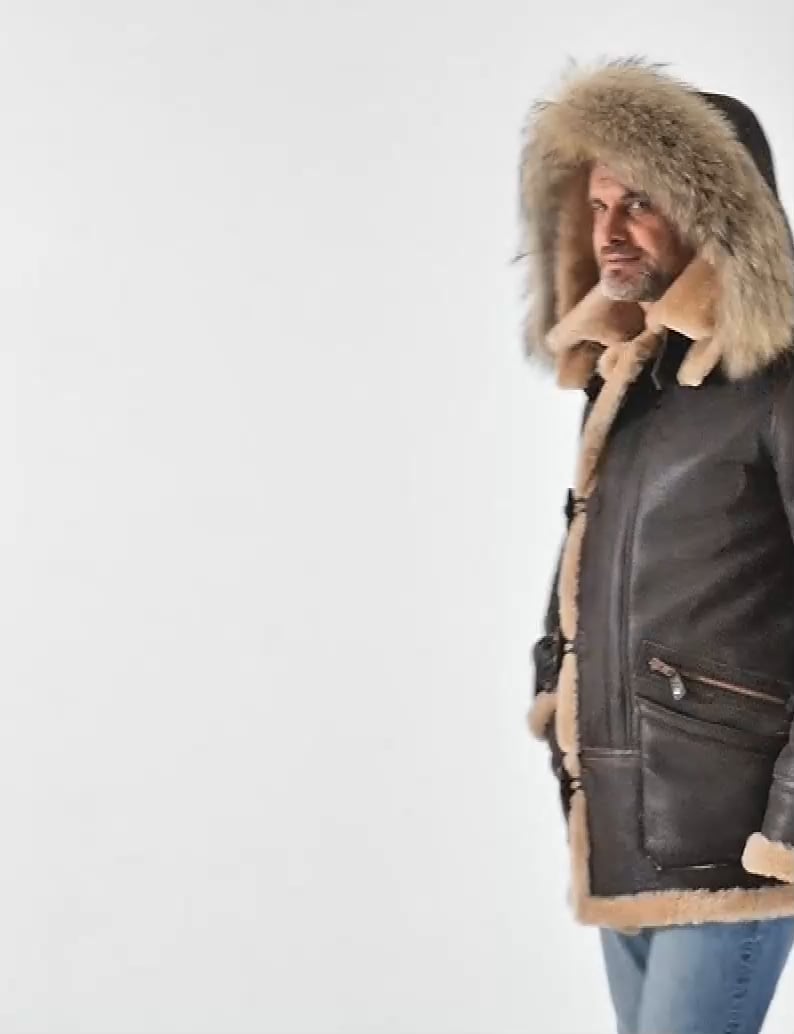Herren Parka B-7 | Lammfell | Abnehmbare Kapuze mit Waschbärfell | Winterjacke