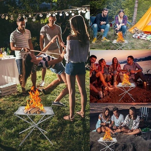 Faltbare Feuerstelle aus Edelstahl | Leicht & Tragbar | Camping Feuerkorb mit Netz & Tragetasche | Für Outdoor & Garten