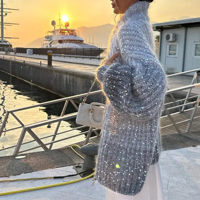 Damen Strickjacke mit Pailletten | Eleganter Glanz & Leichtes Gewebe | Einfarbig Cardigan für Alltag & besondere Anlässe