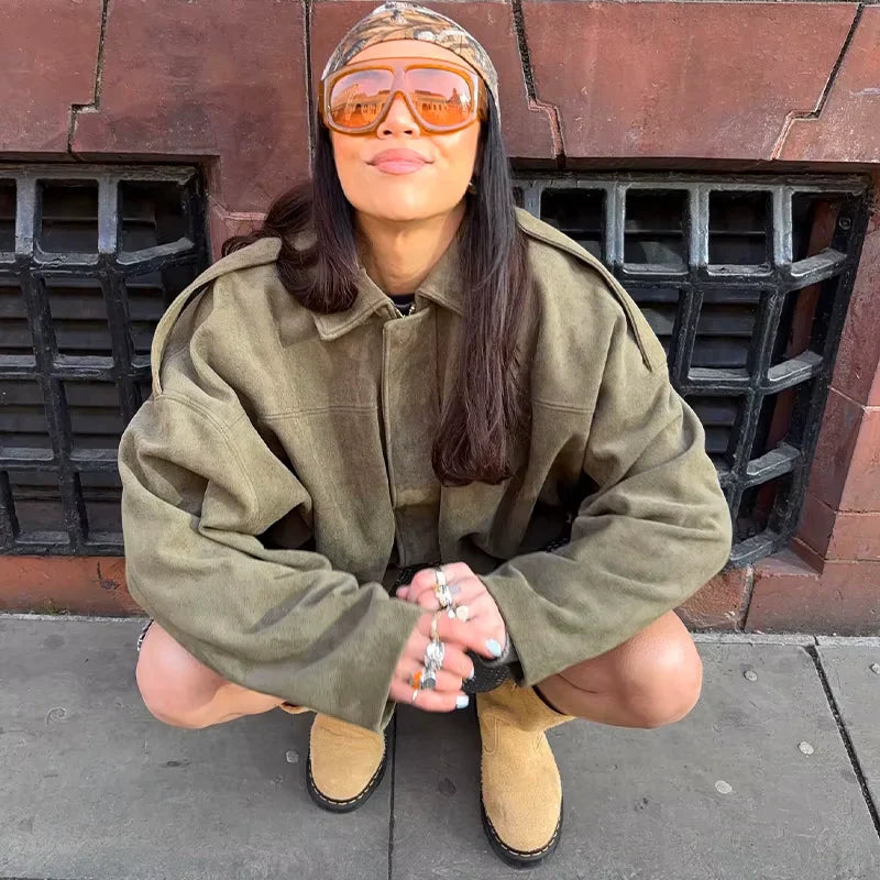 Damen Überdimensional Jacke | Weiche Wildlederoptik | Voll gefüttert | Khaki