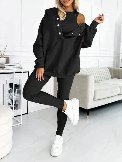 Damen Freizeitanzug Drei-teilig | Kapuzenjacke, Sweatshirt-Hose & Top | Weiches Material