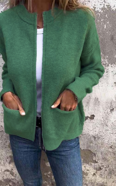 Damen Strickjacke mit Reißverschluss | Rundhals | Baumwolle | Größen S–5XL