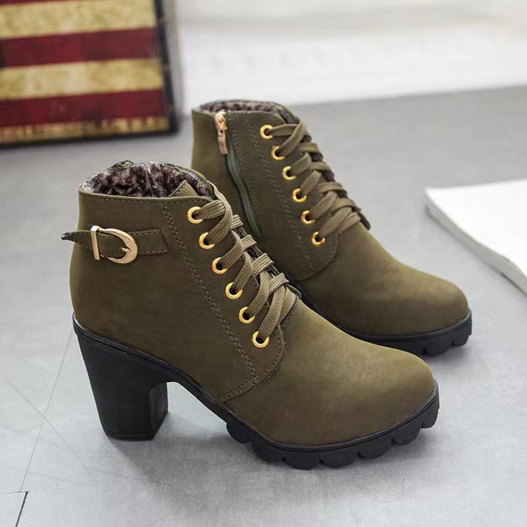 Damen Stiefeletten mit Blockabsatz | Warm Gefüttert | Rutschfeste Sohle | Goldene Details