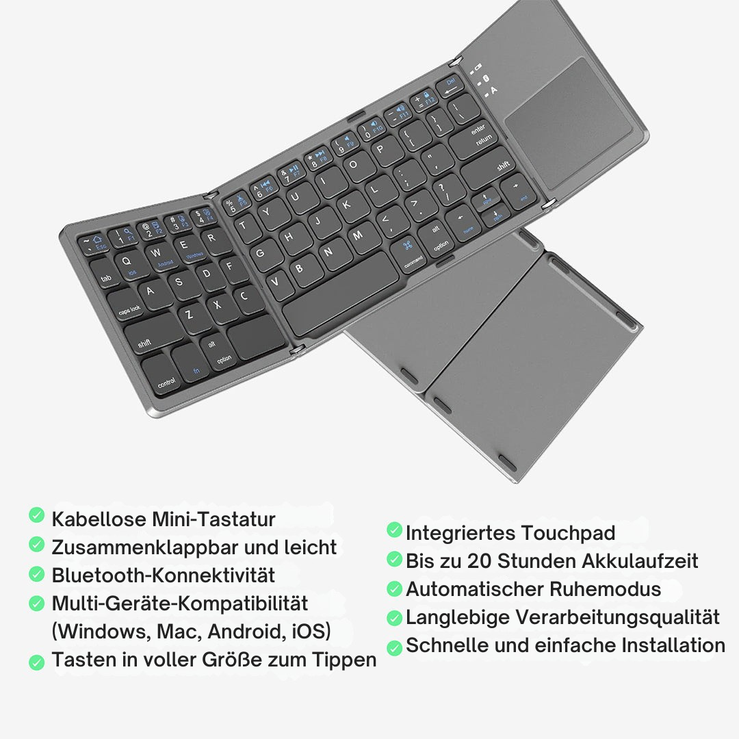 Mini Bluetooth Tastatur faltbar | Kompakt & Leicht mit Touchpad | 20h Akku | Für Windows, Mac, Android & iOS