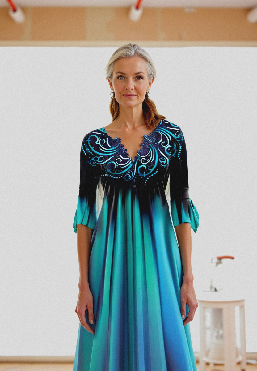 Kleid Mit 3/4 ärmeln Und Farbverlauf Für Damen | Midi