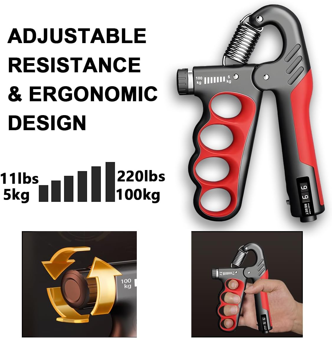 Handtrainer mit Zähler | Verstellbarer Widerstand | Griffkraft- & Unterarmtraining | Kompakt & Ergonomisch