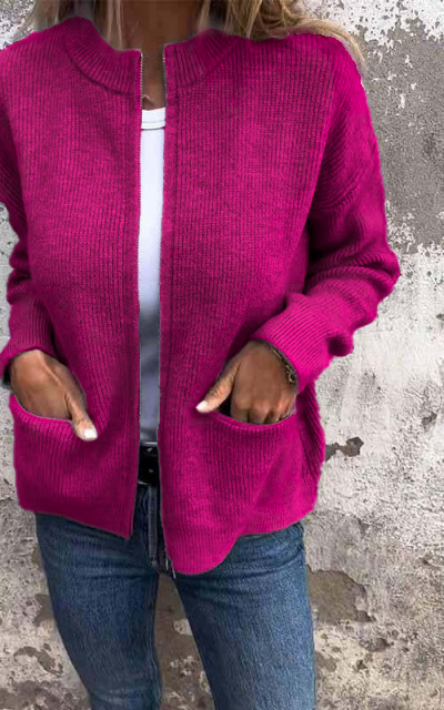 Damen Strickjacke mit Reißverschluss | Rundhals | Baumwolle | Größen S–5XL