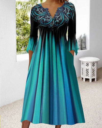 Kleid Mit 3/4 ärmeln Und Farbverlauf Für Damen | Midi