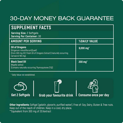 Oreganoöl Kapseln | Mit Schwarzkümmelöl & 85% Carvacrol | Natürliches Darmwohl & Immunsupport