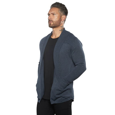Herren Cardigan Strickjacke | Slim Fit | Leichtes Strickmaterial mit Stretch | Schalkragen & Taschen | Oat/Graphite/Blue