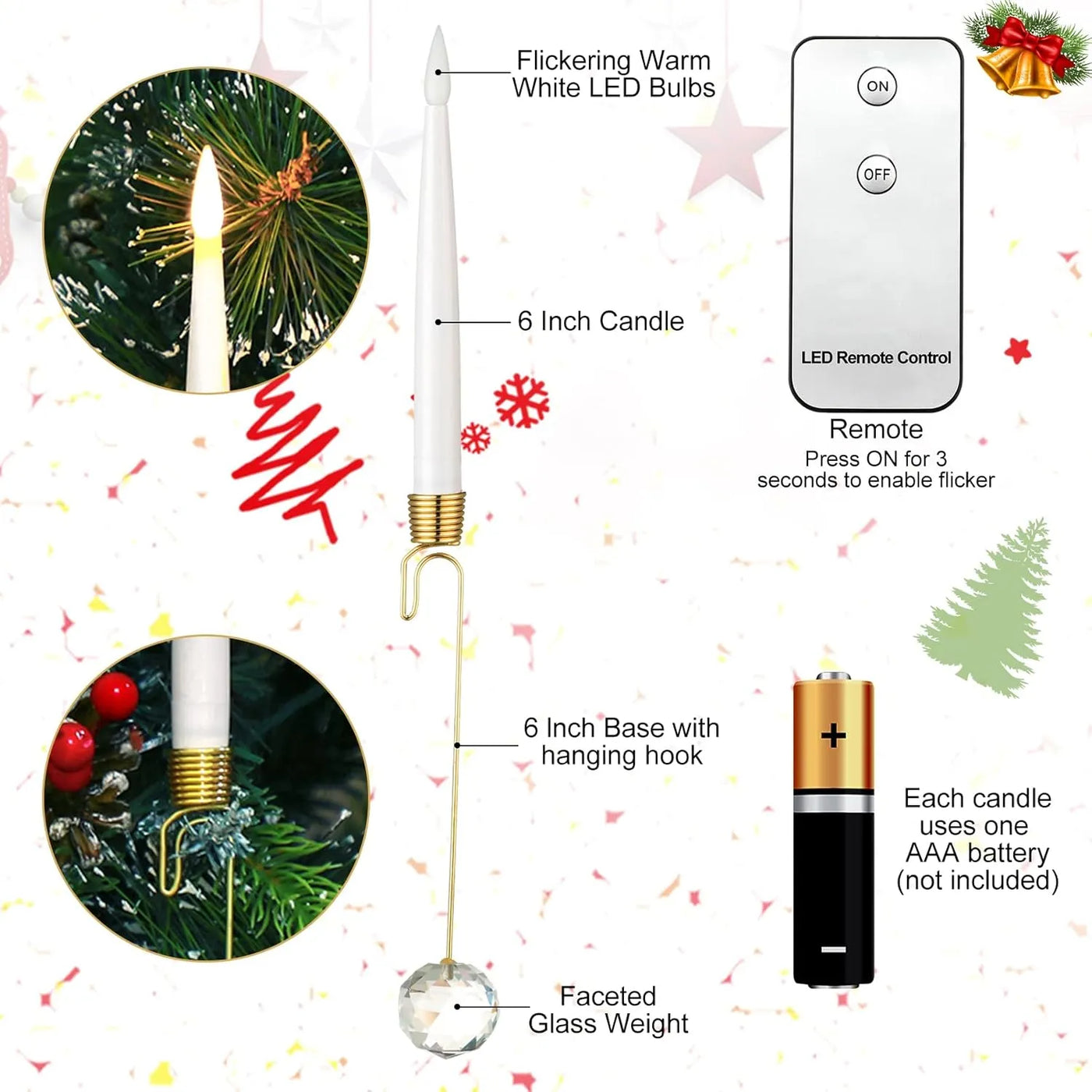 Weihnachtsbaum LED-Kerzen Set | 12 Stück mit Fernbedienung & Timer | Warmweißes Flackern | Flameless & sicher