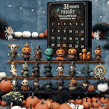 Halloween Rückwärtszähler Kiste | 31 Nächte des Gruselns | Adventskalender mit 31 Überraschungen | Figuren, Anhänger & Deko