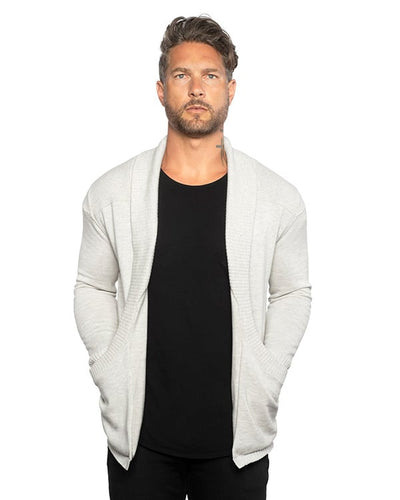 Herren Cardigan Strickjacke | Slim Fit | Leichtes Strickmaterial mit Stretch | Schalkragen & Taschen | Oat/Graphite/Blue