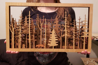 Wanddeko Waldszene mit Fuchs | 7-lagige Lasercut Holzkunst | Baltische Birke