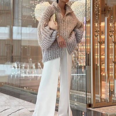 Damen Strickjacke mit Pailletten | Eleganter Glanz & Leichtes Gewebe | Einfarbig Cardigan für Alltag & besondere Anlässe