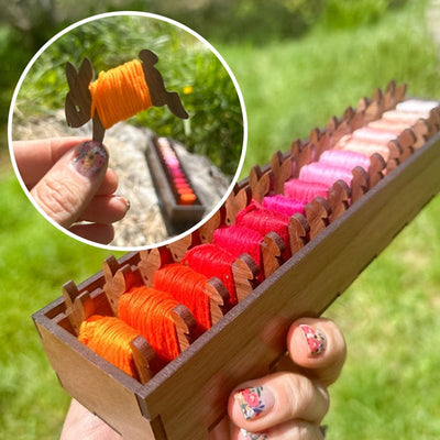 Holz Garnspulen Set | 15 Hasen Spulen + Organizer-Box | Stickgarn Aufbewahrung