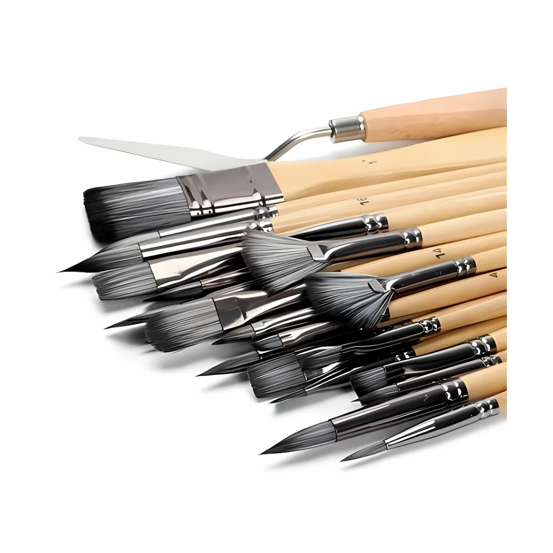 Pinselset 24-teilig | Profi Künstlerpinsel mit Holzgriff | Acryl, Aquarell, Öl & Gouache