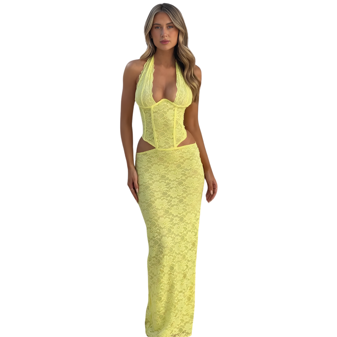 Damen Maxikleid mit Korsett & Spitze | Elegantes Abendkleid mit Schlitz | Figurbetonte Silhouette