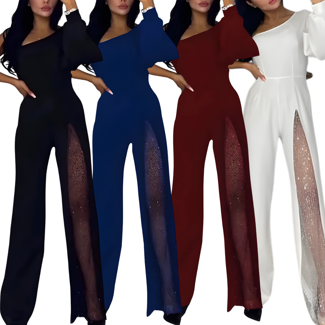 Damen Ein-Schulter-Jumpsuit | Glitzernder Netz-Look | Ausgestelltes Bein & schmeichelnde Passform