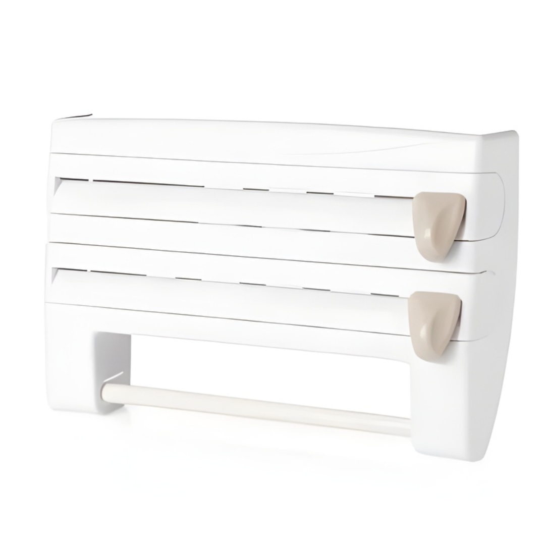 Küchen Wandregal mit Folienspender & Rollenhalter | 3-in-1 Organizer | Gewürzablage & Cutter-System