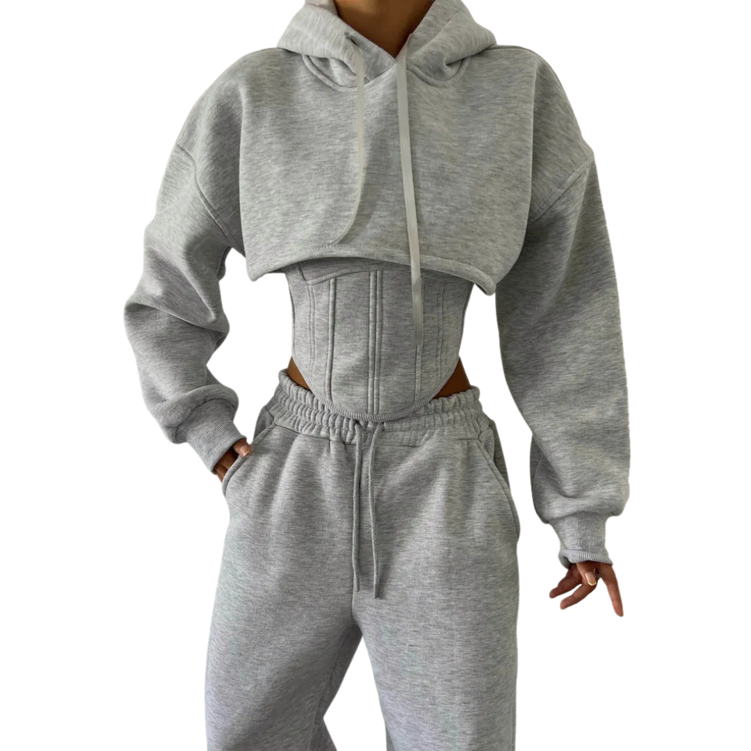 Damen 3-teiliges Lounge Set | Kapuzen-Kurzarmpullover, Tanktop & Jogginghose | Grau oder Schwarz