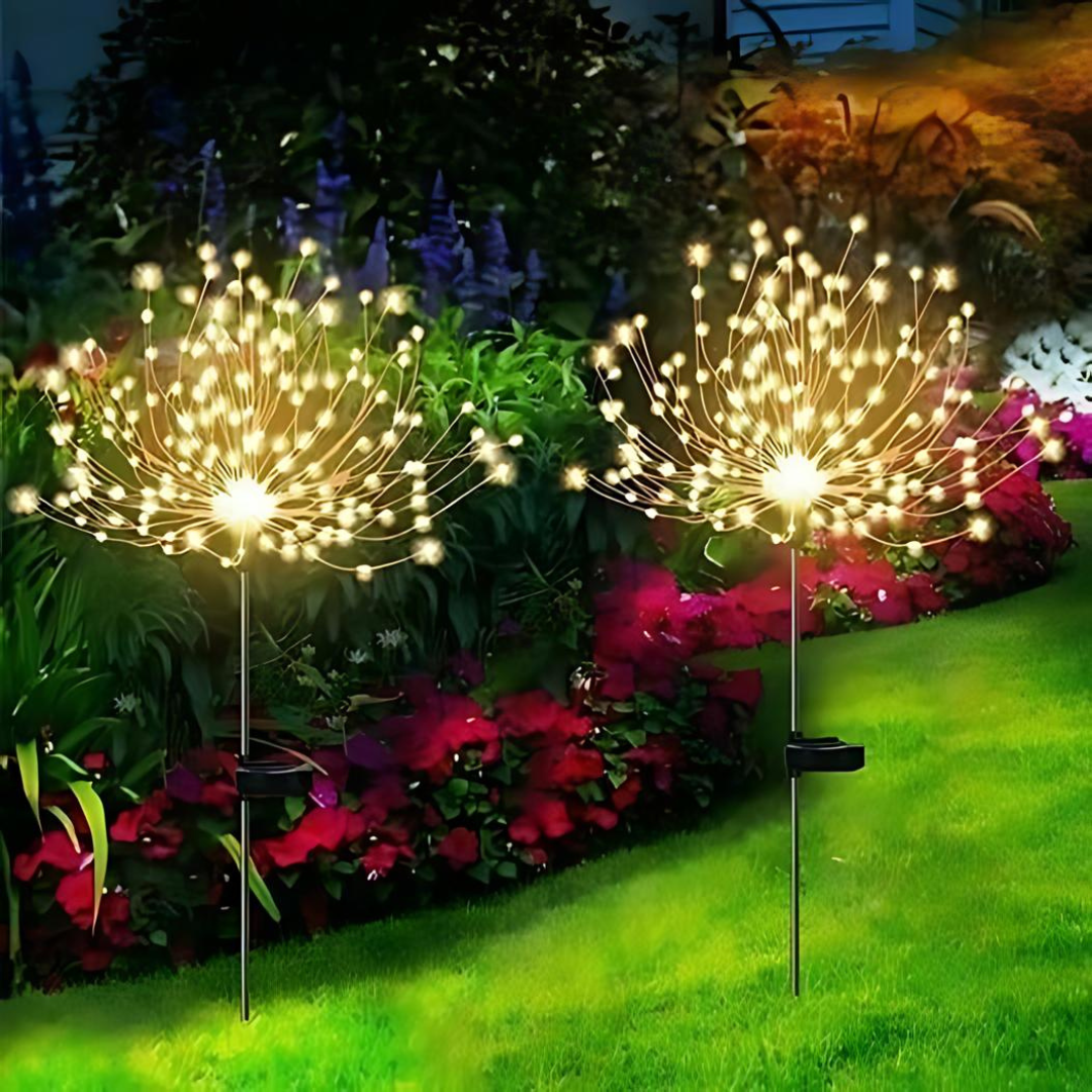1+1 Gratis | Solar Feuerwerk Lichterkette | 90 LEDs | IP65 wasserdicht | Warmweiß & Bunt | Garten & Terrasse
