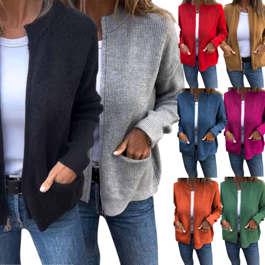 Damen Strickjacke mit Reißverschluss | Rundhals | Baumwolle | Größen S–5XL