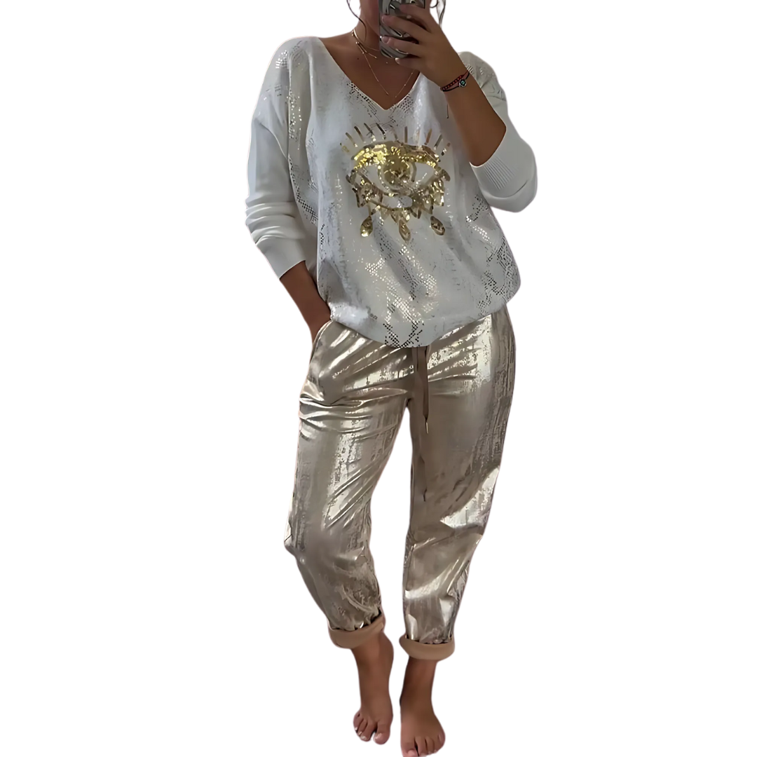 Damen Zweiteiler | Glitzernde Hose & Goldfolien-Oberteil | V-Ausschnitt & Langarm | Trend Frühling/Sommer